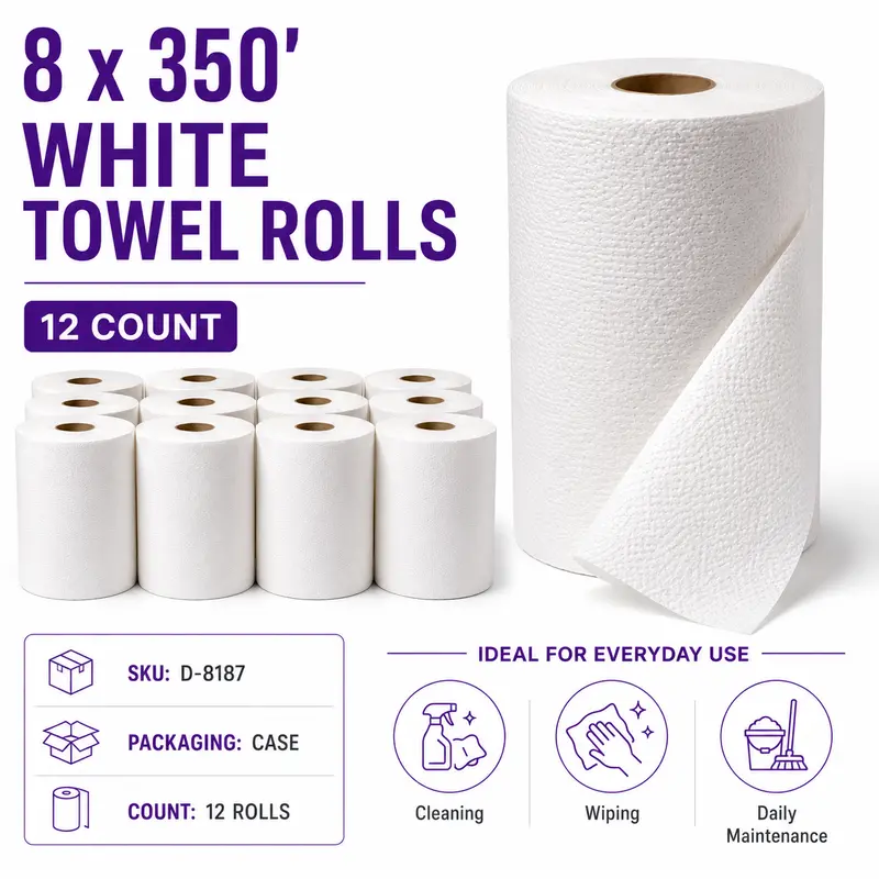 8" X 350' White Disposable Towel Rolls – 12-Roll Case 1