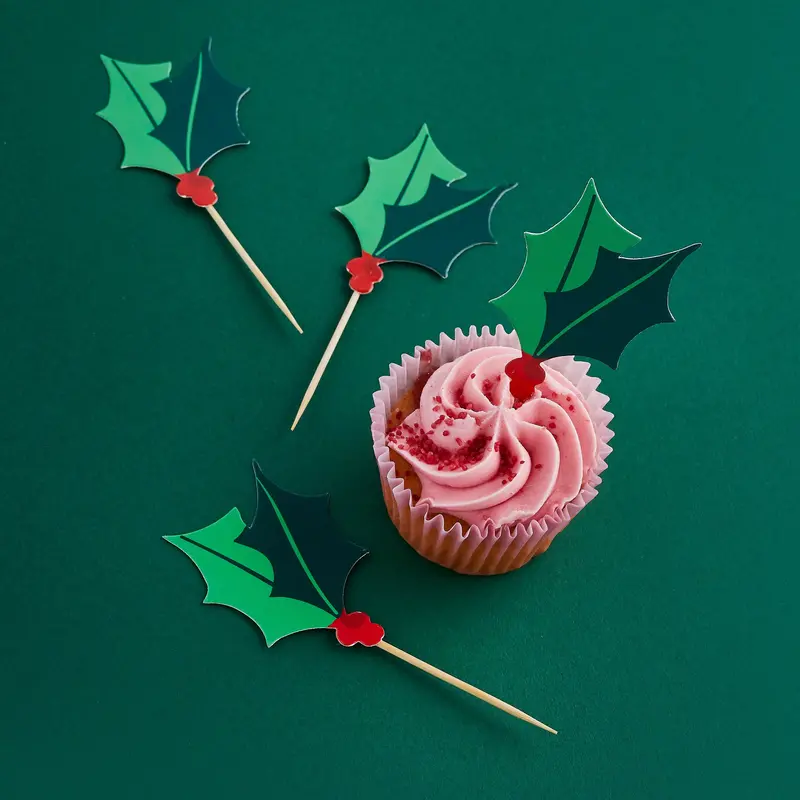 Holly & Berry Christmas Cake Toppers – Botanical-Inspired Picks, Pack Of 12 1