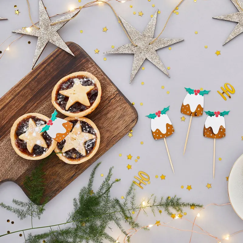 Pack Of 6 Vintage-Style Christmas Pudding Cake Topper Picks 1