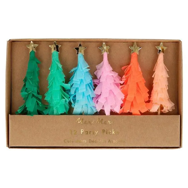 Rainbow Fringed Tree Pick Cake Topper – 12-Piece Set With 6 Styles 1