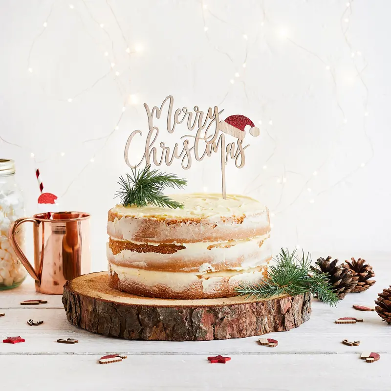 Wooden 'Merry Christmas' Cake Topper – Hand-Finished Festive Dessert Accent 1
